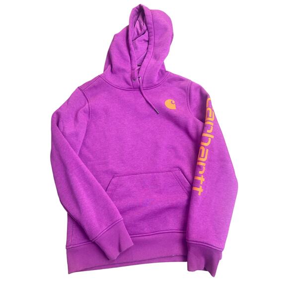 Carhartt Women’s Relaxed Fit Hoodie Sz XS Purple Orange Logo Workwear Streetwear - Picture 1 of 7
